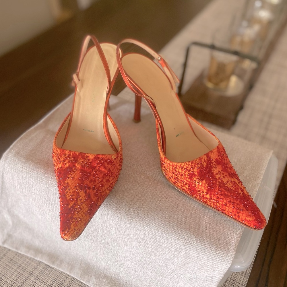 St John orange beaded fabric sling back pumps size 7 B